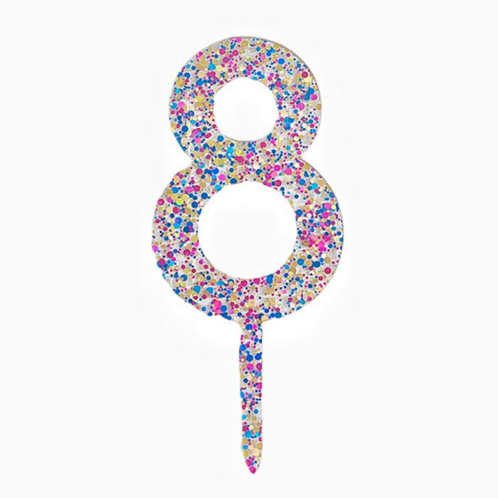 Decoratiune Topper pentru Tort, din Acrilic cu Fulgi de Sclipici, Model Cifra 8, Inaltime 18.5 cm, Transparent Multicolor