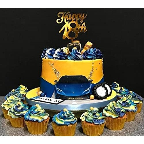 Decoratiune Topper pentru Tort, Model Happy18th, Dimensiuni 10 cm, Tematica Majorat, Auriu