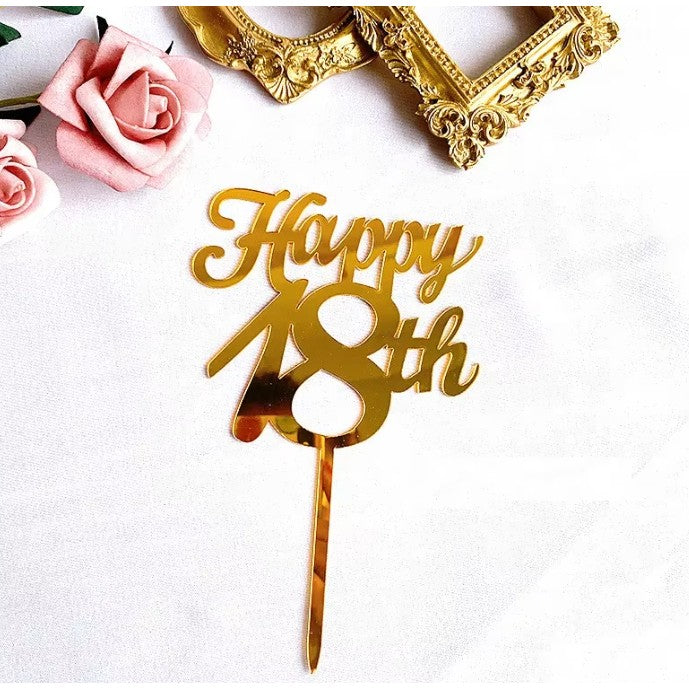 Decoratiune Topper pentru Tort, Model Happy18th, Dimensiuni 10 cm, Tematica Majorat, Auriu