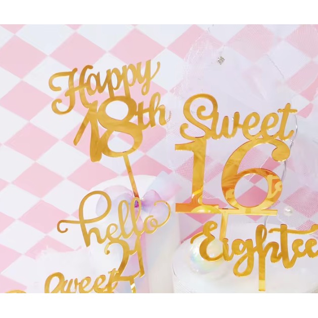 Decoratiune Topper pentru Tort, Model Happy18th, Dimensiuni 10 cm, Tematica Majorat, Auriu