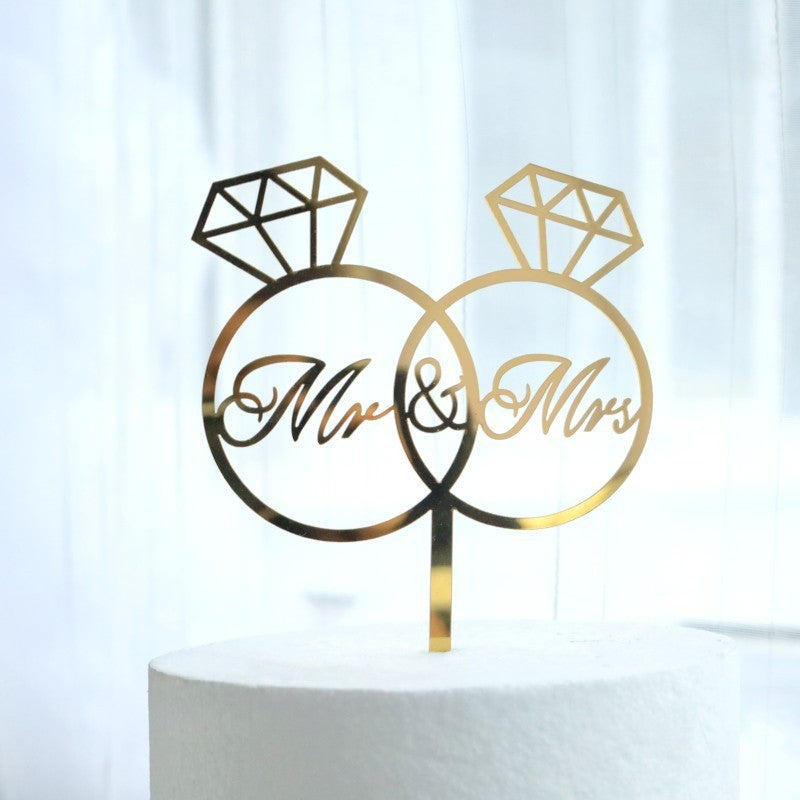 Decoratiune Topper pentru Tort, Model Inele Mr&Mrs, Tematica Nunta, 10 cm, Auriu