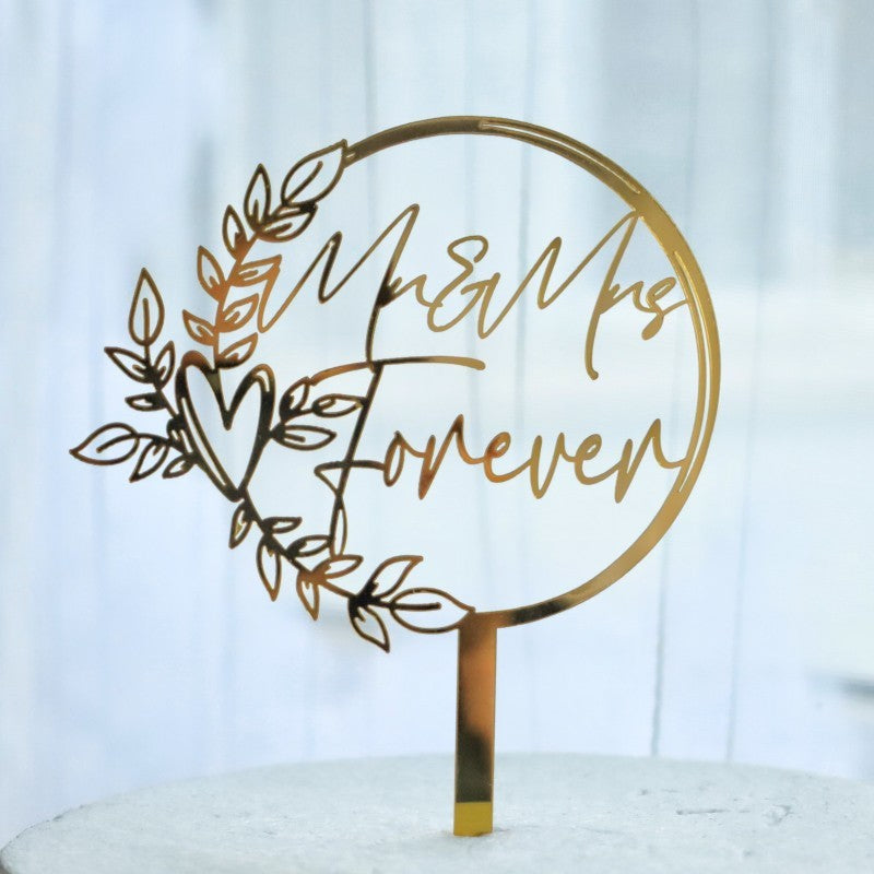 Decoratiune Topper pentru Tort, Model Mr&Mrs Forever, Tematica Nunta, 10 cm, Auriu