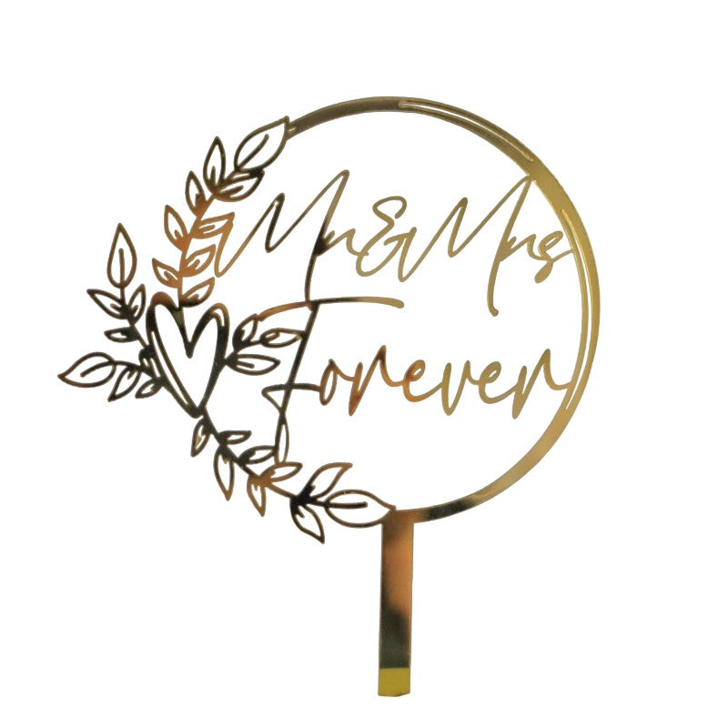 Decoratiune Topper pentru Tort, Model Mr&Mrs Forever, Tematica Nunta, 10 cm, Auriu