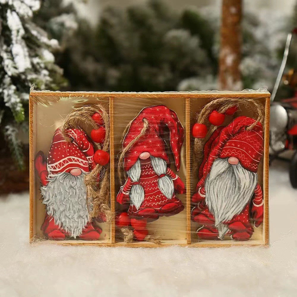 Set 9 Decoratiuni de Craciun din Lemn, cu Snur pentru Agatare in Brad, Model Mos Craciun Diferite Dimensiuni, 3 Modele, Rosu