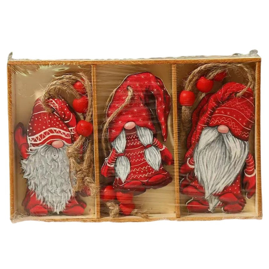 Set 9 Decoratiuni de Craciun din Lemn, cu Snur pentru Agatare in Brad, Model Mos Craciun Diferite Dimensiuni, 3 Modele, Rosu