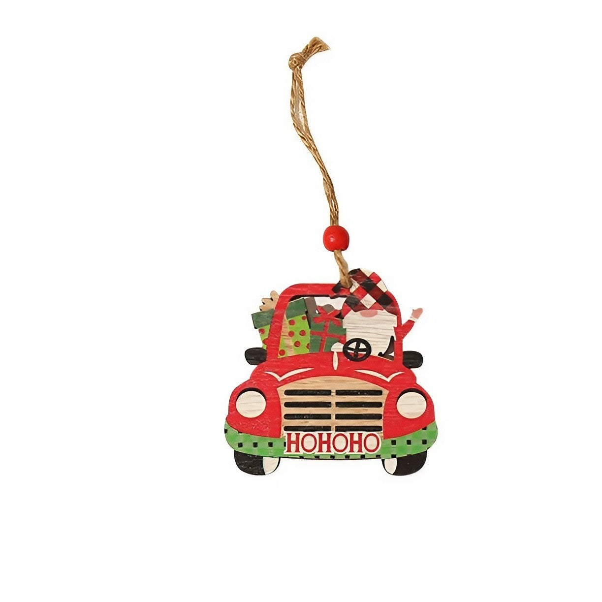 Decoratiune de Craciun din Lemn, cu Snur pentru Agatare in Brad, Model Masina lui Mos Craciun, Scris HoHoHO, 8x8x0.4 cm, Multicolor