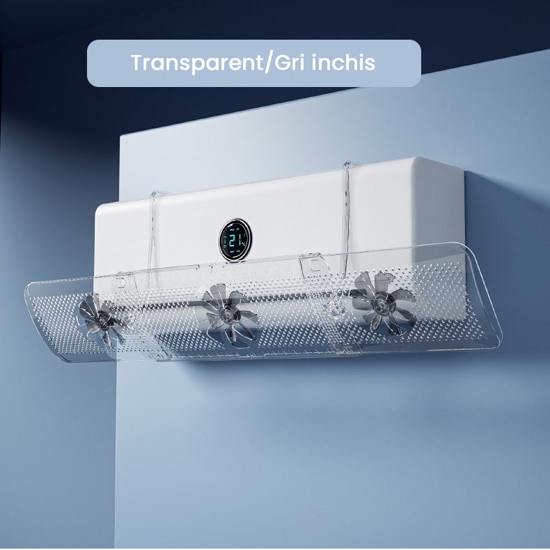 Deflector Aer Conditionat Split, Deflector Extensibil 3 in 1, Telescopic 52 - 86 x 16 cm, Model cu Ventilatoare Integrate, Transparent/Gri inchis