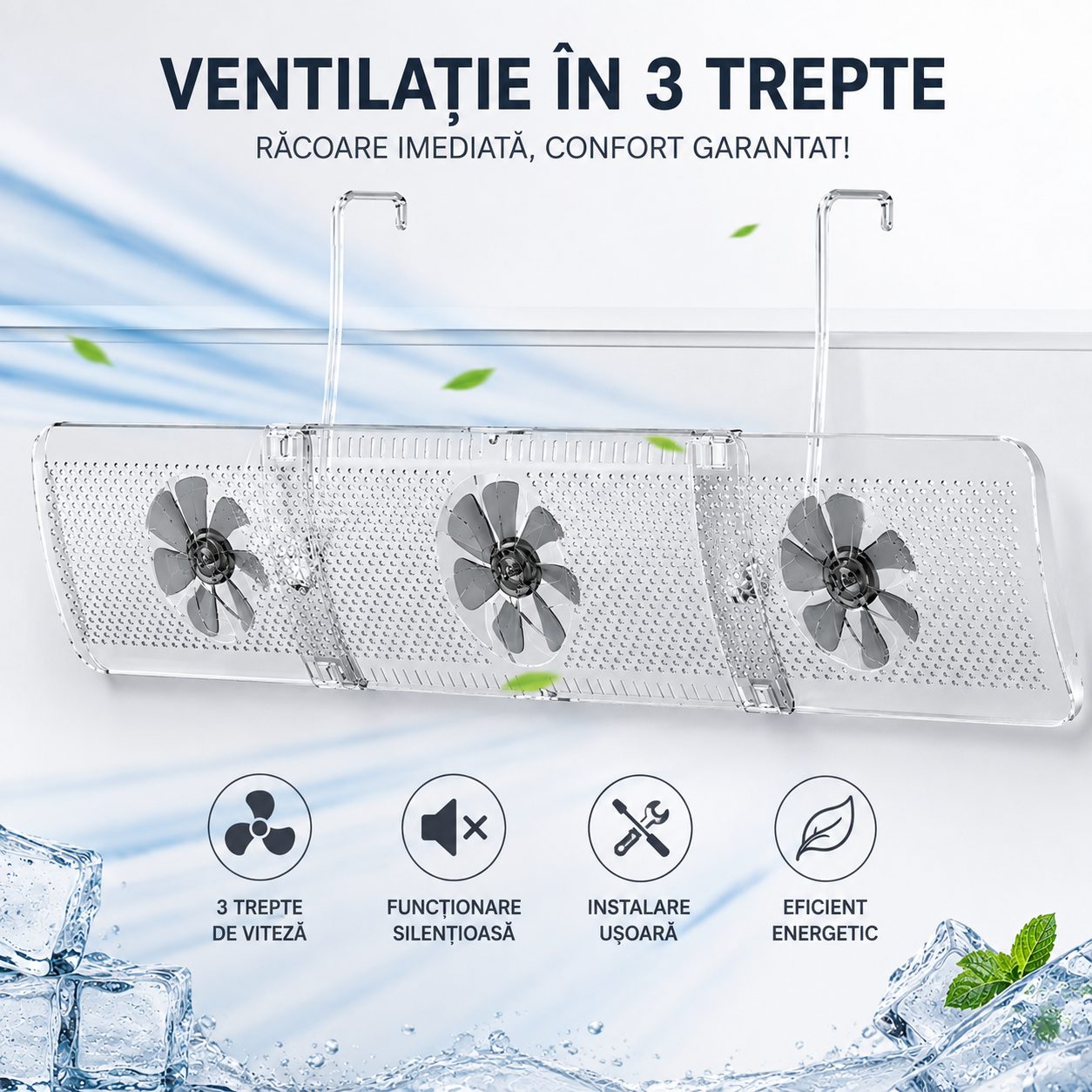Deflector Aer Conditionat Split, Deflector Extensibil 3 in 1, Telescopic 52 - 86 x 16 cm, Model cu Ventilatoare Integrate, Transparent/Gri inchis