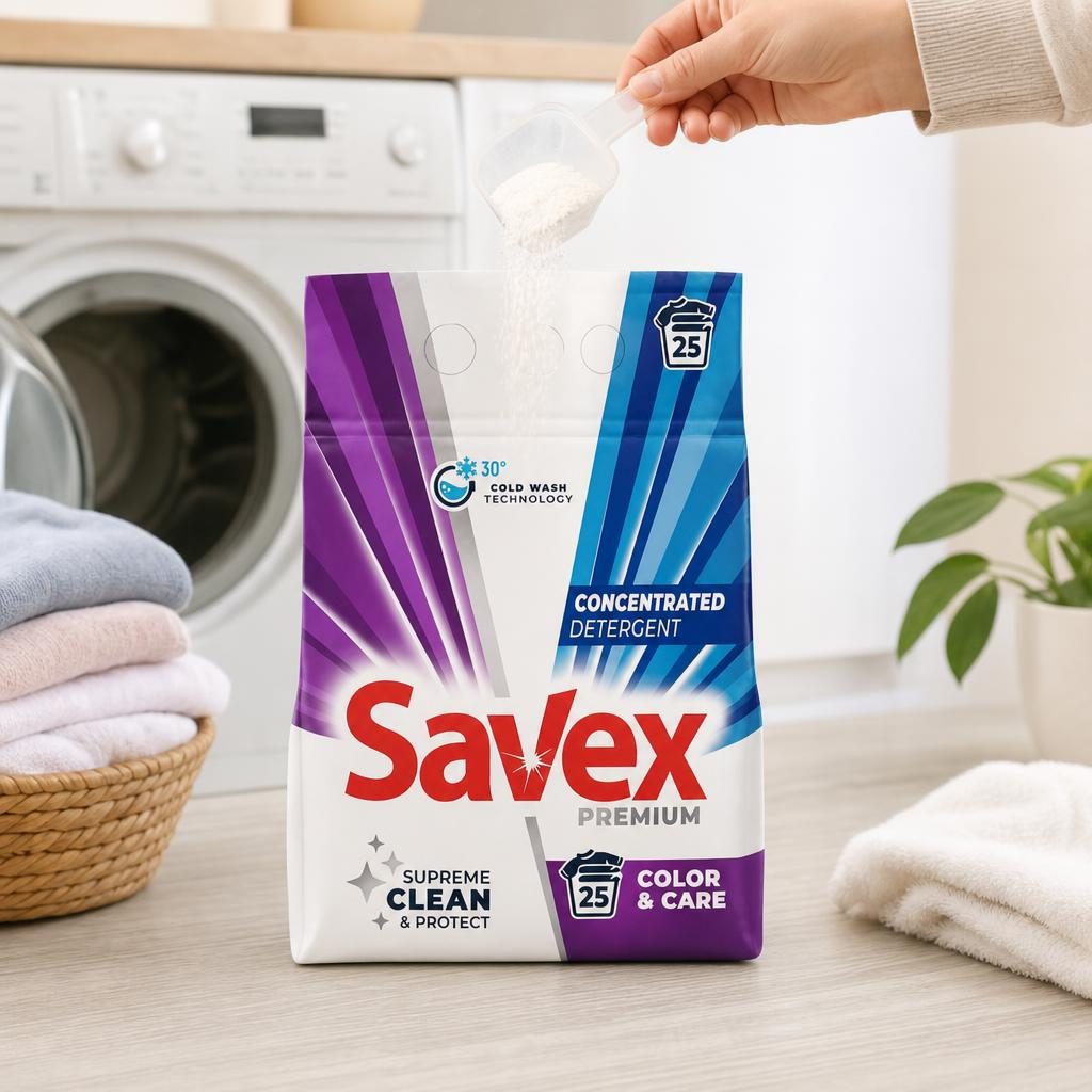 Detergent pentru Rufe Automat, Savex, 2 kg, pentru Haine Color, Care Brightness, 25 Spalari