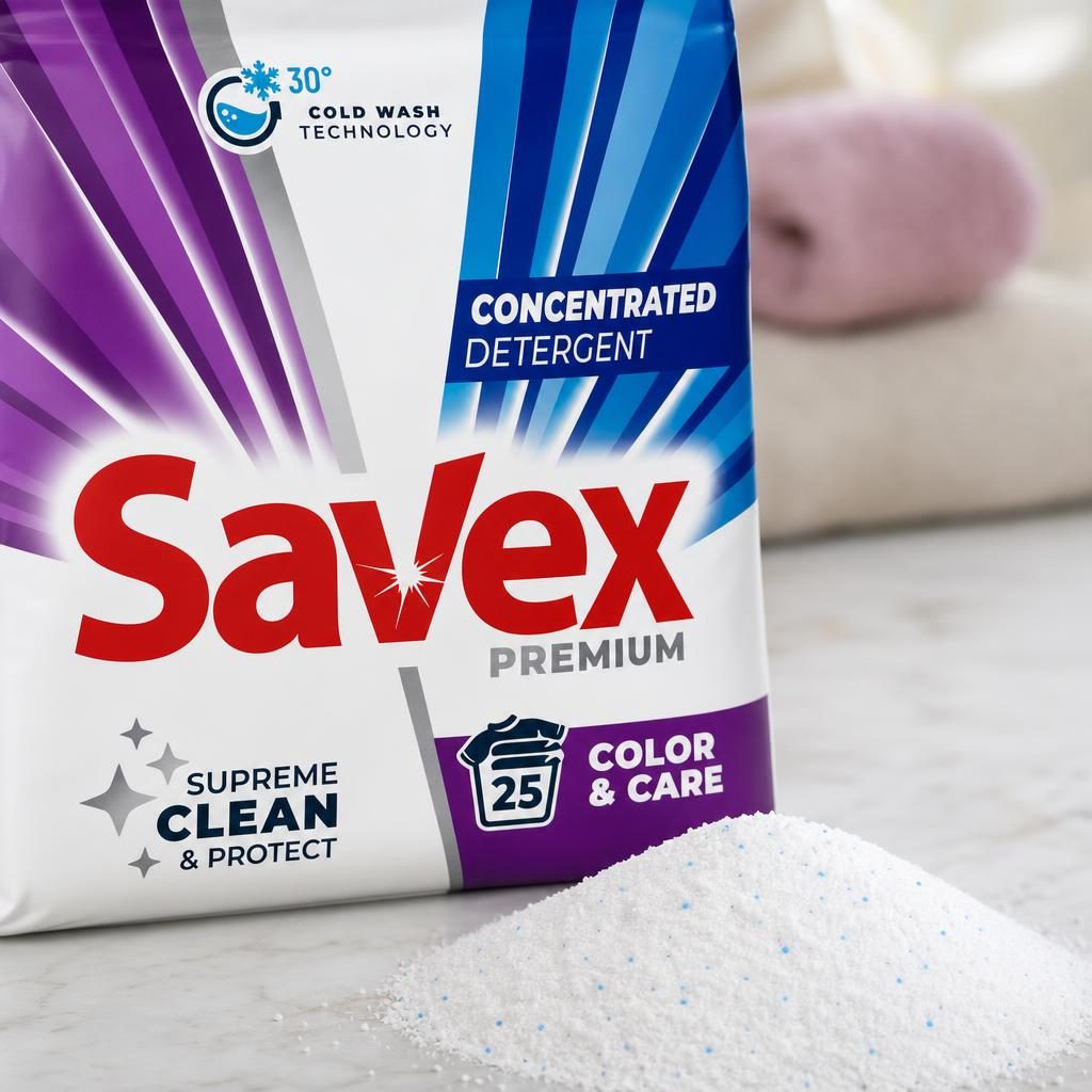 Detergent pentru Rufe Automat, Savex, 2 kg, pentru Haine Color, Care Brightness, 25 Spalari
