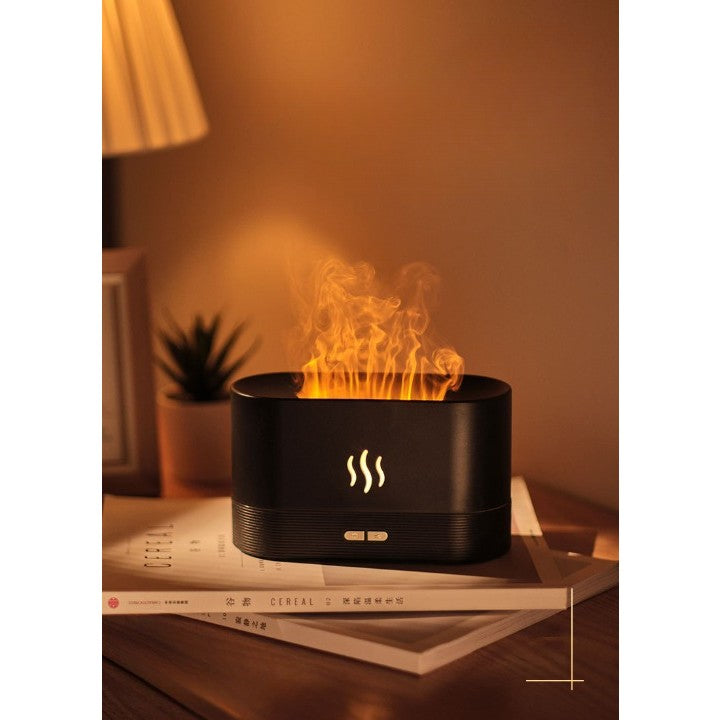 Difuzor de ulei esential cu flacara, aromaterapie, umidificator de aer, rezervor 180 ml, simulare efectelor de iluminare a flacarii, lumina veghe ajustabila, negru