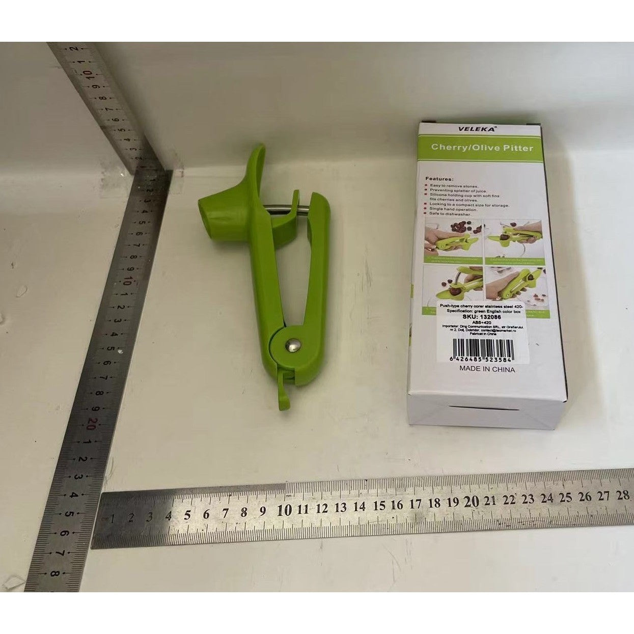 Dispozitiv de Scos Samburi, Manual, cu 1 Gaura, pentru Cirese/Masline, 20.5 x 3.8 x 13 cm, din ABS+Otel Inoxidabil, cu Maner, Verde