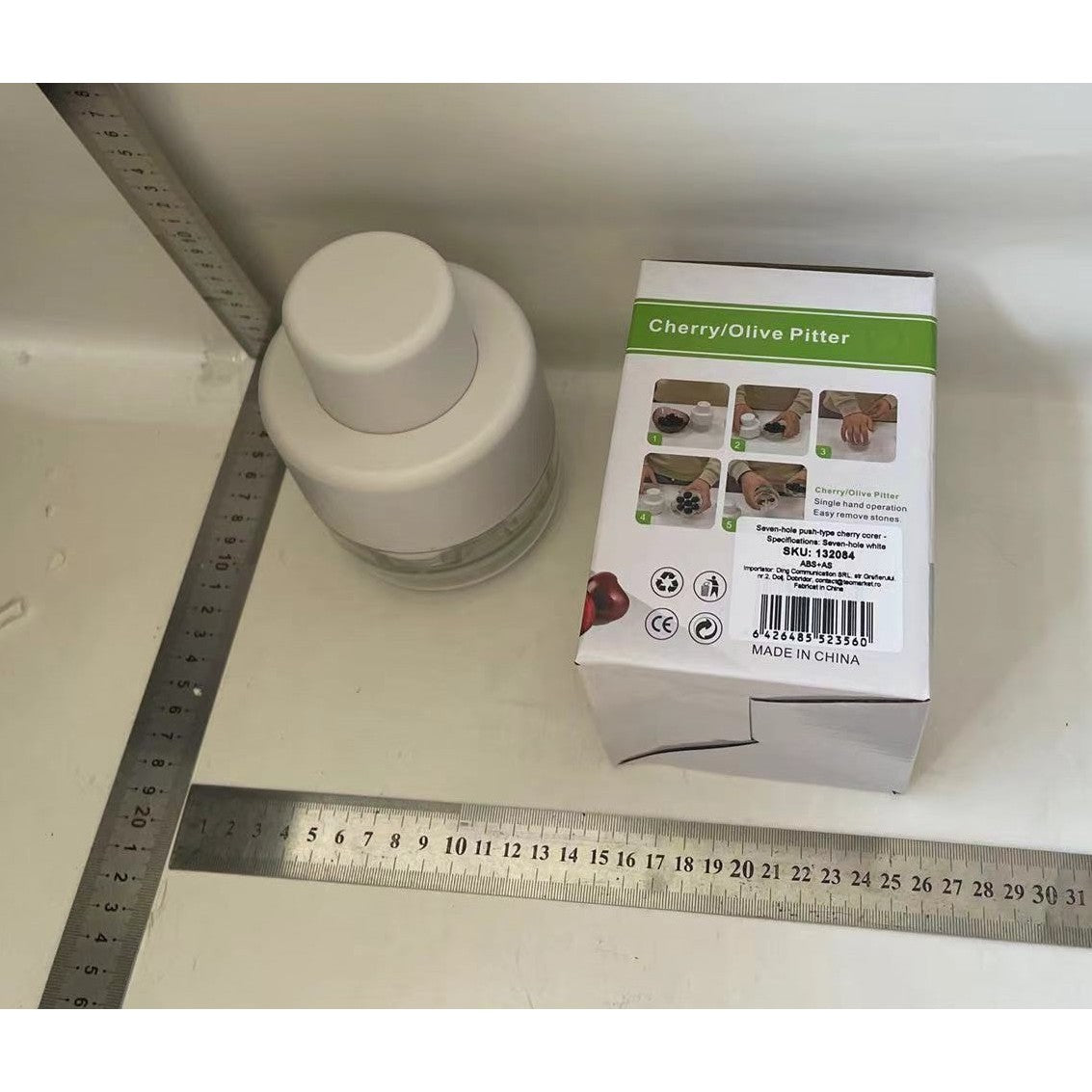 Dispozitiv de Scos Samburi, Manual, cu 7 Gauri, pentru Cirese, 13 x 9.2 cm, din ABS, Alb