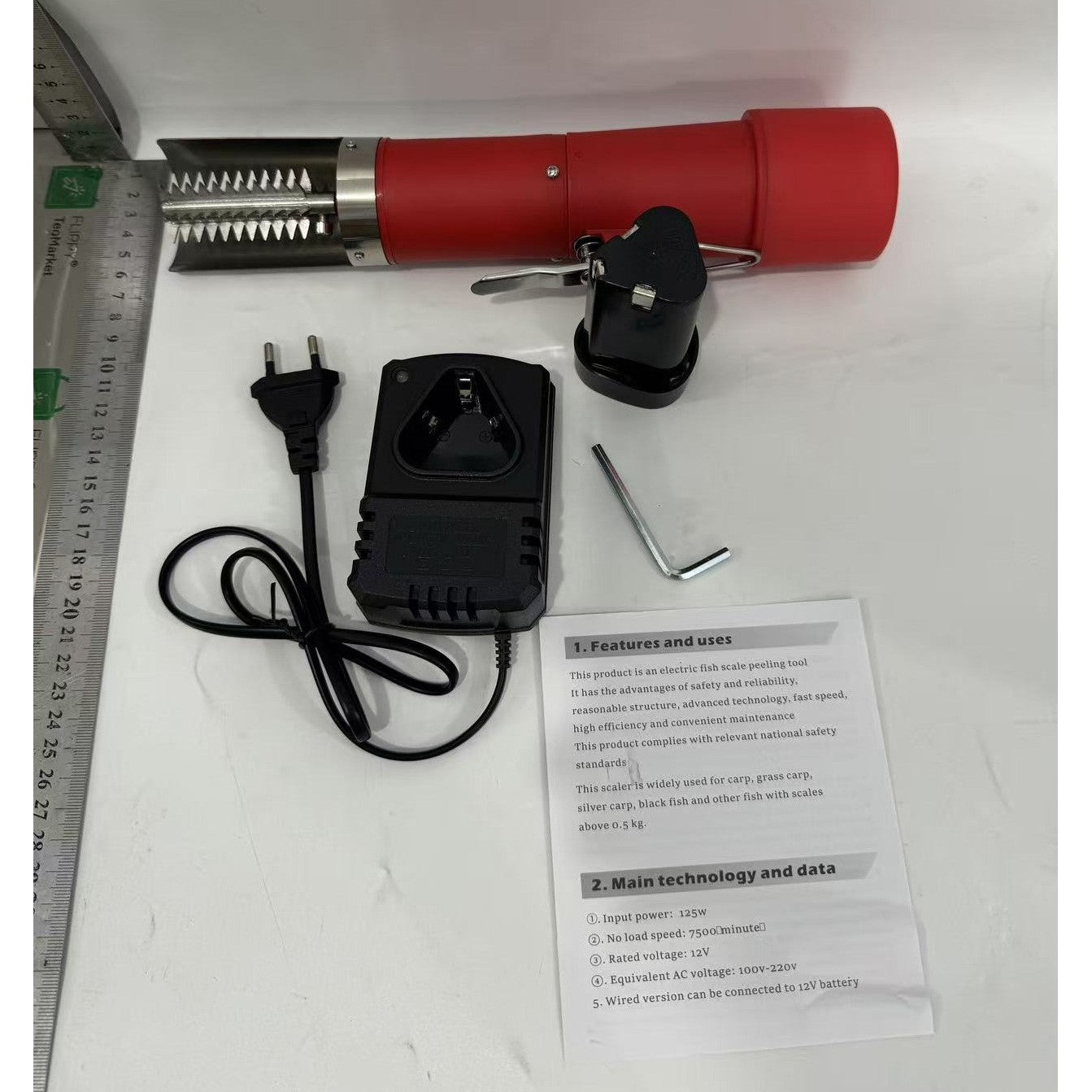 Dispozitiv Electric de Curatare Solzi Peste, din Otel Inoxidabil, 28 x 5 cm, Rosu
