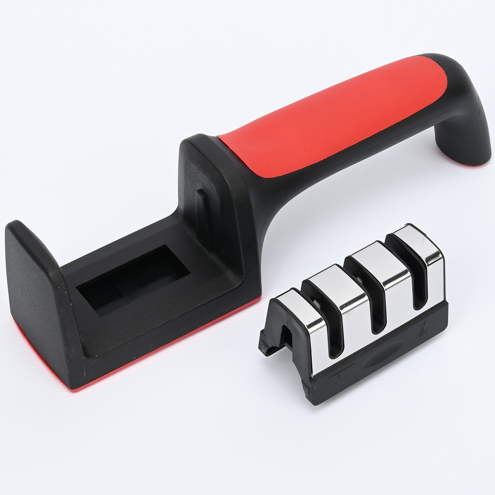 Dispozitiv pentru ascutit cutite cu 3 pozitii, rosu/negru, material inox si ABS, 21.5x5x6 cm