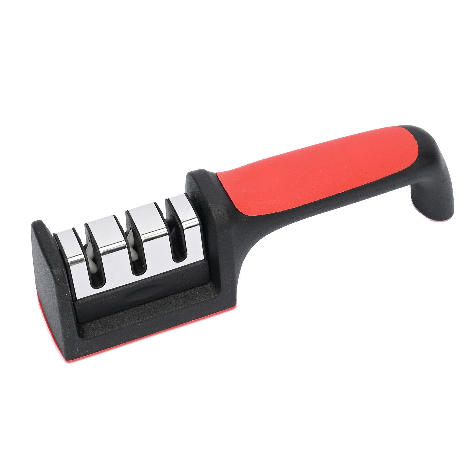 Dispozitiv pentru ascutit cutite cu 3 pozitii, rosu/negru, material inox si ABS, 21.5x5x6 cm