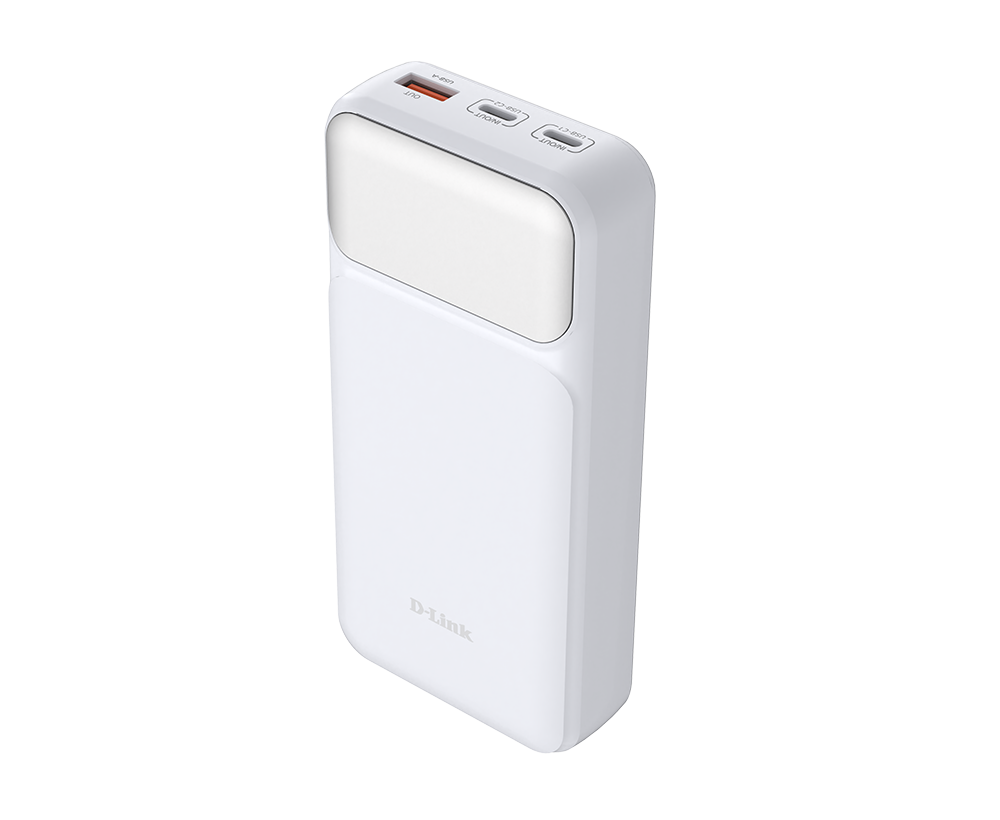 POWER BANK D-Link, 20000mAh 65W max, USB PD 3.0 si QC 3.0, 2 x USB Type-C, 1 x USB, dimensiuni 144 x 69 x 29 mm, alb "DPP-201"