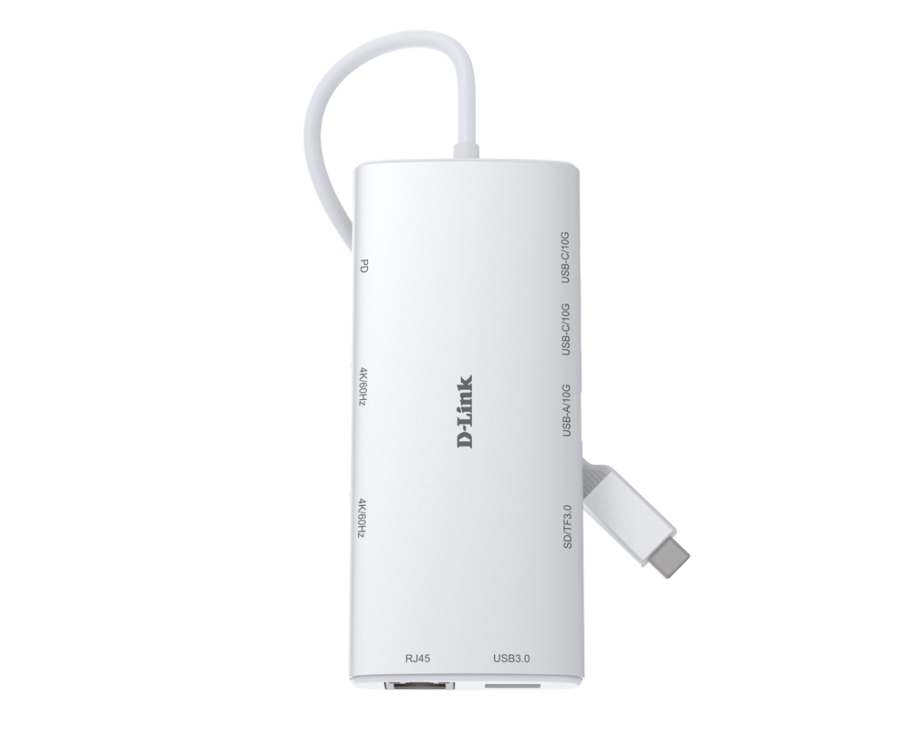 DOCKING STATION D-LINK, 10-in-1, conectare PC Type-C, porturi: SD/microSD card reader, 2 x USB, 2 x USB Type-C, 2 x HDMI 2.0, 1 x USB Type-C 4.0 with DP 1.4, 1 x Gigabit RJ45, USB Type-C cablu 50 cm, alb "DUP-A01"
