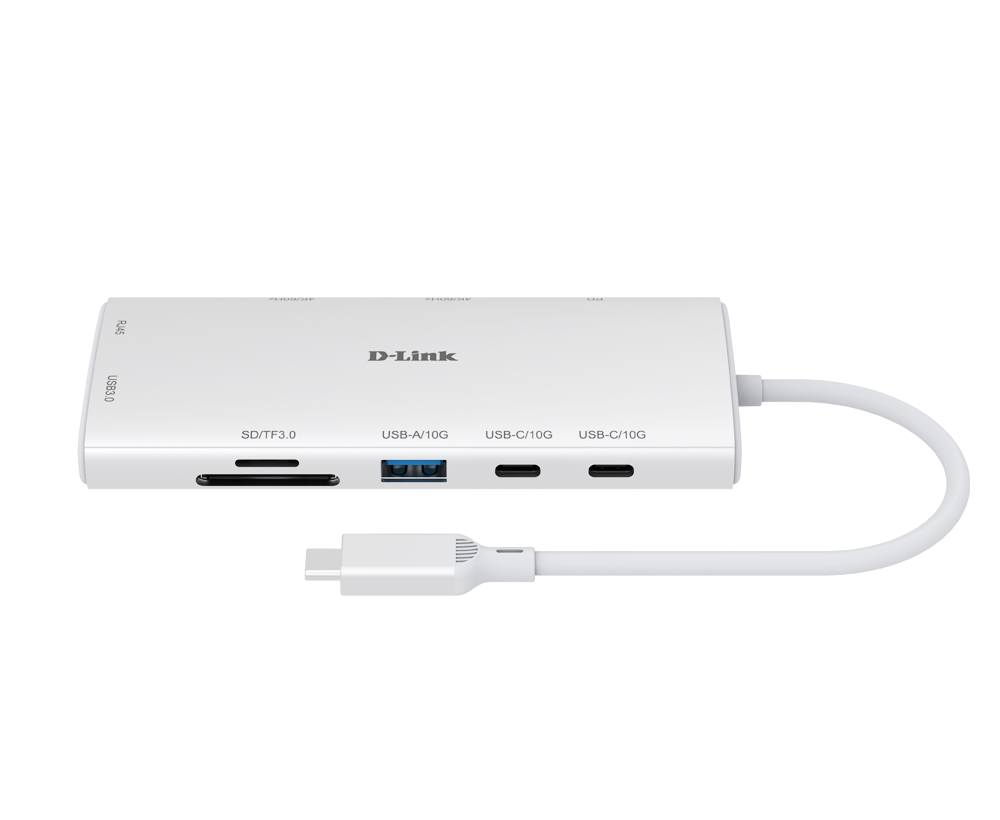 DOCKING STATION D-LINK, 10-in-1, conectare PC Type-C, porturi: SD/microSD card reader, 2 x USB, 2 x USB Type-C, 2 x HDMI 2.0, 1 x USB Type-C 4.0 with DP 1.4, 1 x Gigabit RJ45, USB Type-C cablu 50 cm, alb "DUP-A01"