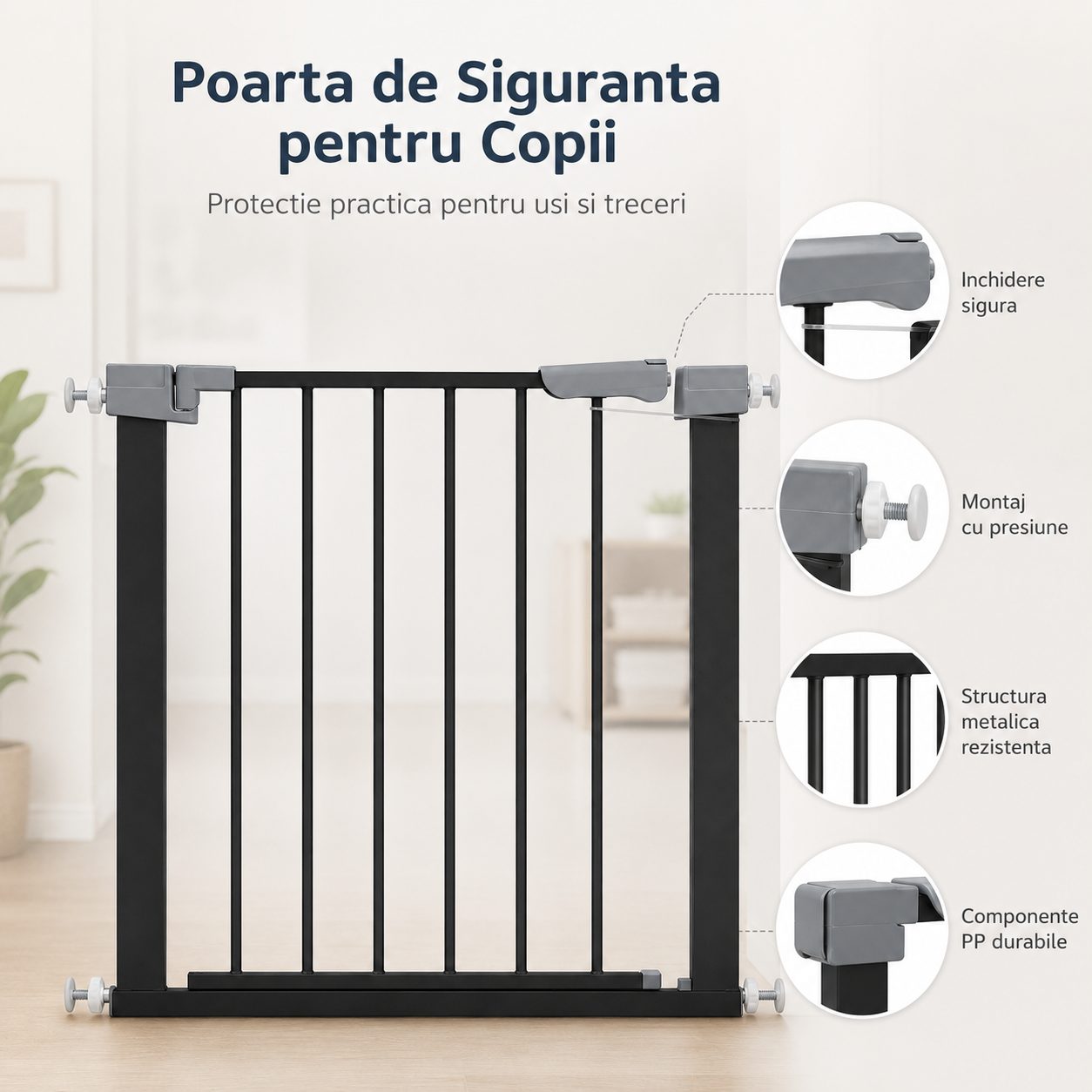 Gard de Siguranta cu Poarta pentru Copii, Latime 72 cm, Inaltime 76 cm, Teava din Fier Vopsit, Elemente PP, Negru