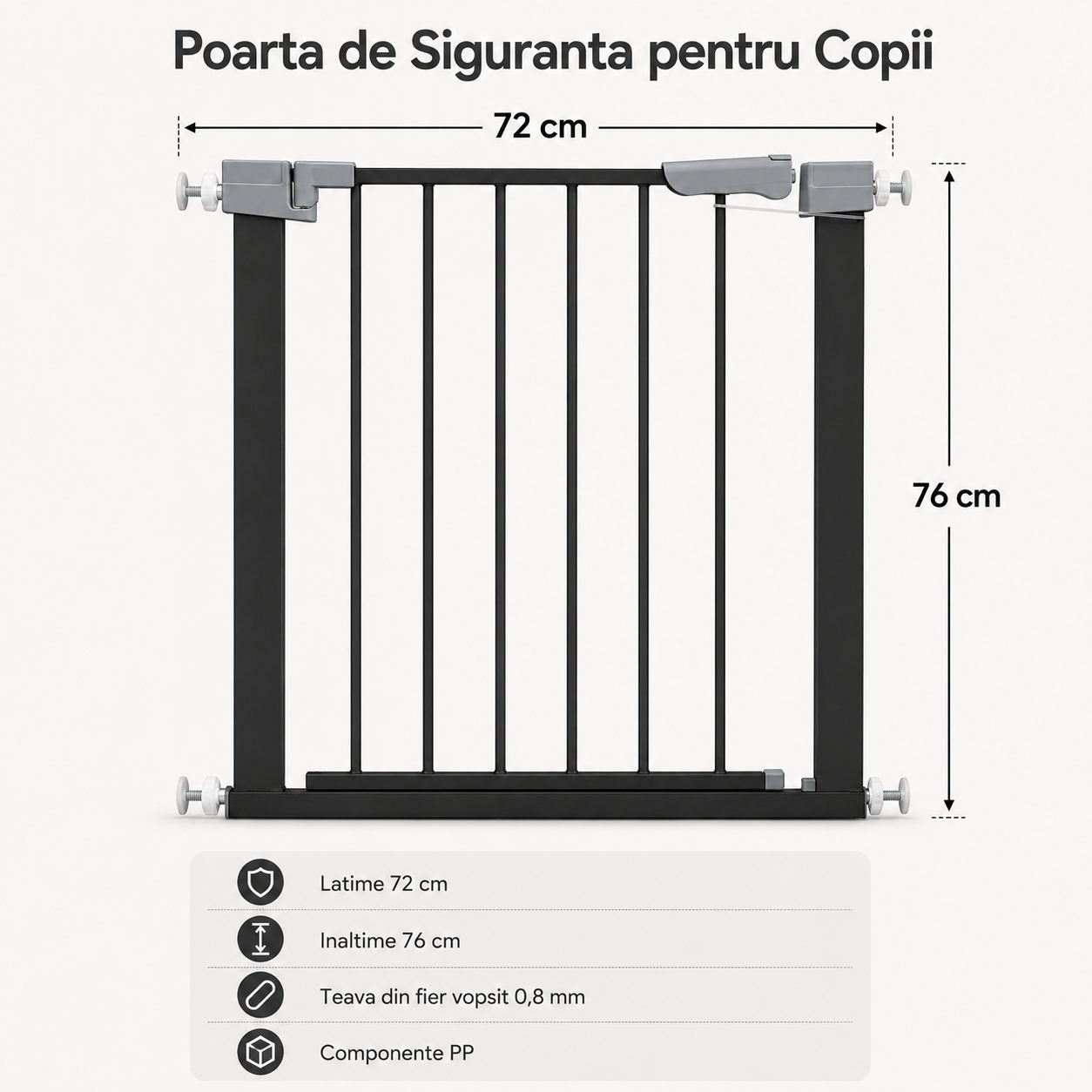 Gard de Siguranta cu Poarta pentru Copii, Latime 72 cm, Inaltime 76 cm, Teava din Fier Vopsit, Elemente PP, Negru