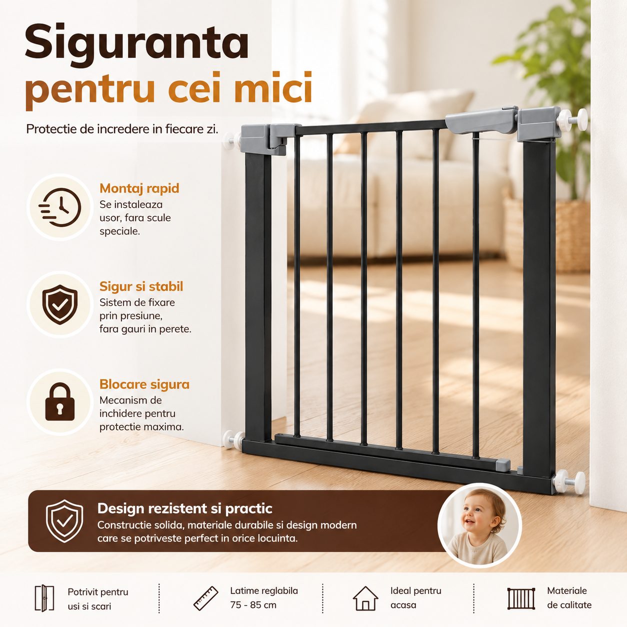 Gard de Siguranta cu Poarta pentru Copii, Latime 72 cm, Inaltime 76 cm, Teava din Fier Vopsit, Elemente PP, Negru