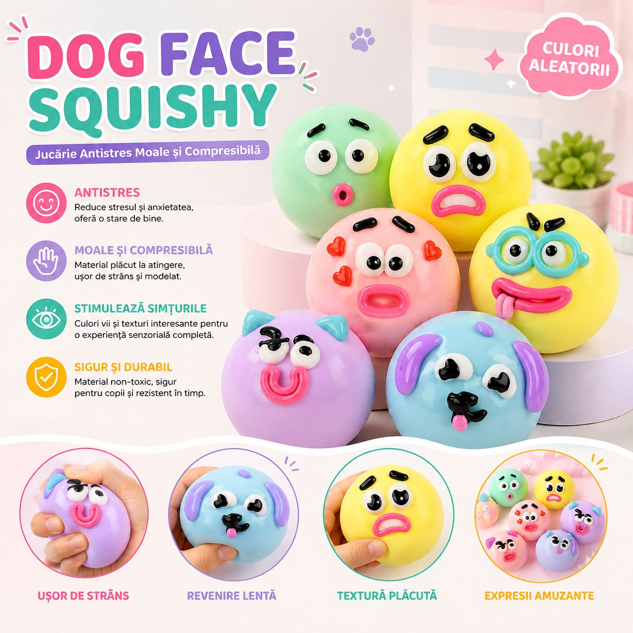 Jucarie Antistres Squishy, Model Fete Amuzante, Forma Rotunda, Moale si Compresibila, pentru Relaxare si Joaca Senzoriala, Culoare Aleatorie