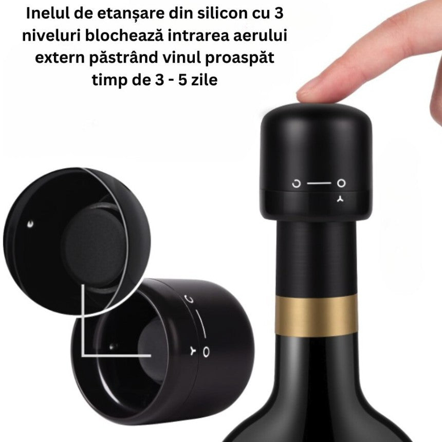 Dop de Etansare a Sticlei de Vin, Flippy, Rotativ, On-Off, Silicon, Reutilizabil, Usor de Depozitat si Folosit, 3.4 x 3.4 x 3.4 cm, Negru