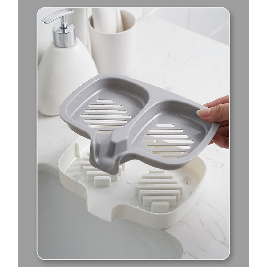 Savonieră Dublă, cu Sistem de Scurgere a Apei, din ABS, pentru 2 Săpunuri, Design Ventilat pentru Uscare Rapidă, 14.5 x 18 x 3 cm, Gri/Alb