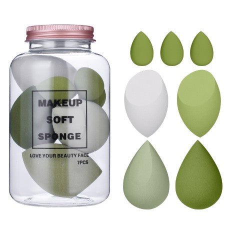 Bureti de Machiaj, Set Premium 7 bucati, Burete pentru Pudra de Machiaj, Forma Ovala, Poliuretan hidrofil, Verde