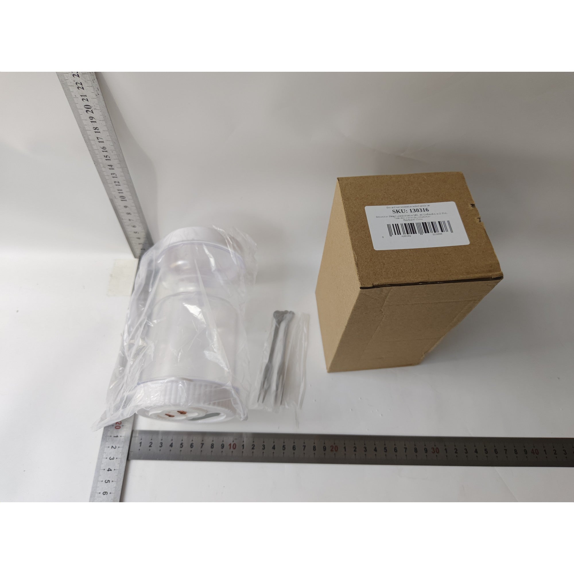 Borcan pentru Muraturi, cu Separator pentru Lichide, Ermetic, Termorezistent, Tip Clepsidra, 2 Furculite Incluse, ABS, Alb, 18x9x9 cm
