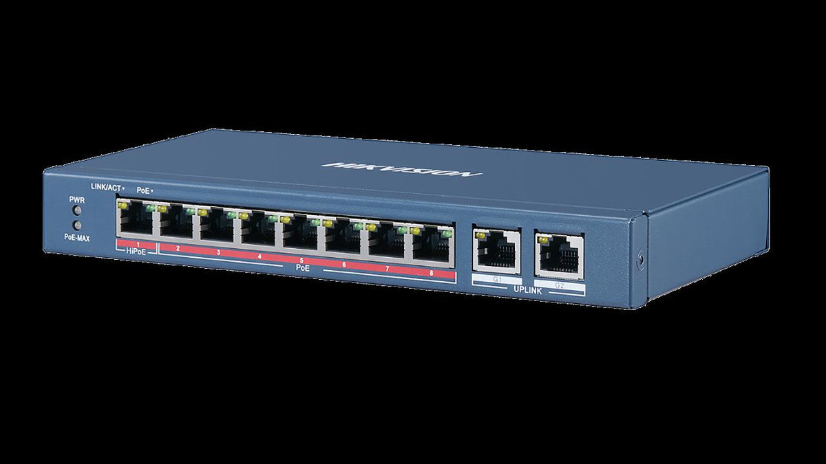 SWITCH PoE Hikvision, port 10/100 x 8 | Gigabit x 2, unmanaged, nerackabil, carcasa metalica, 