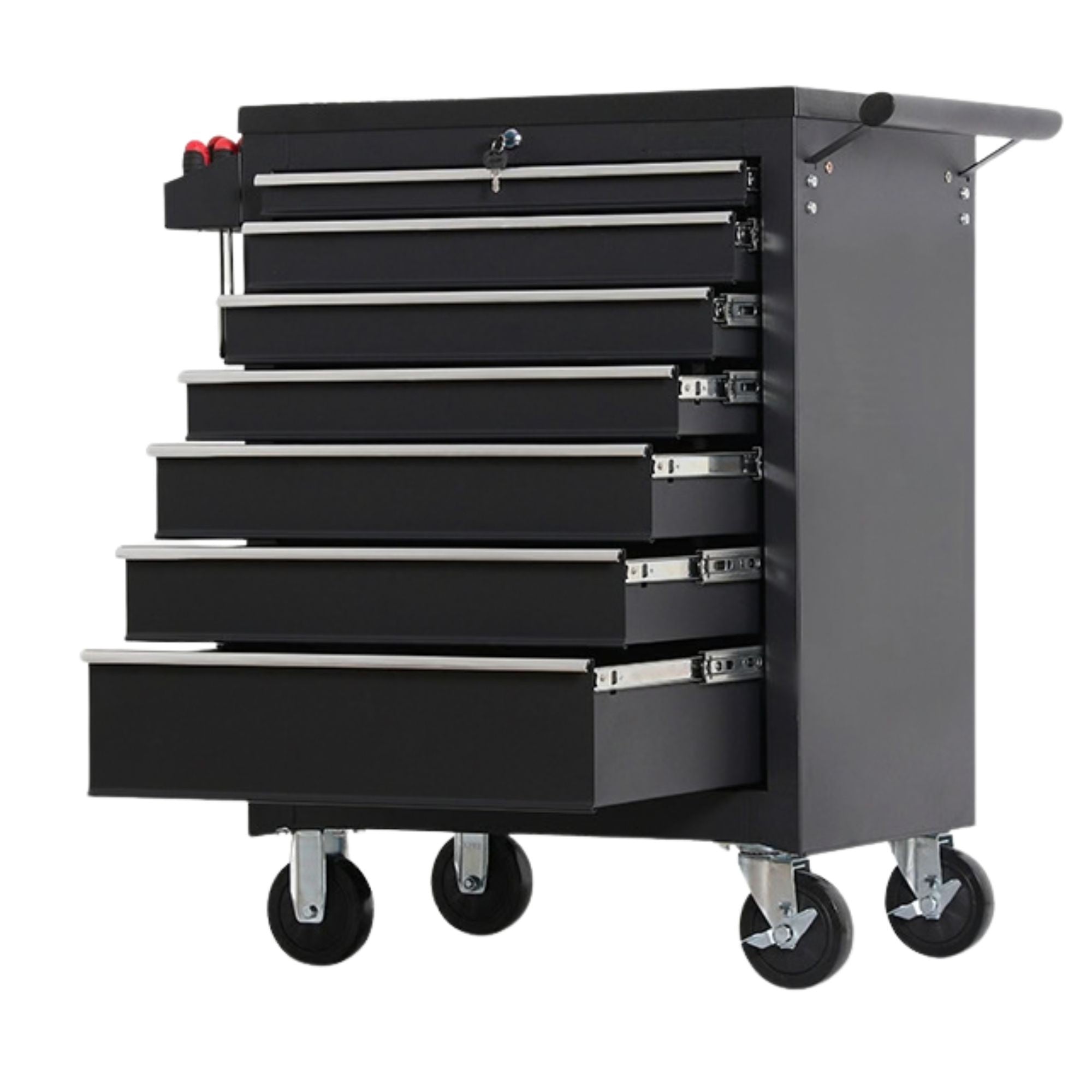 Dulap Mobil pentru Scule, 7 Sertare, cu Incuietoare, pe Roti cu Frana, Maner Lateral, 61.5 x 33 x 79 cm, Negru