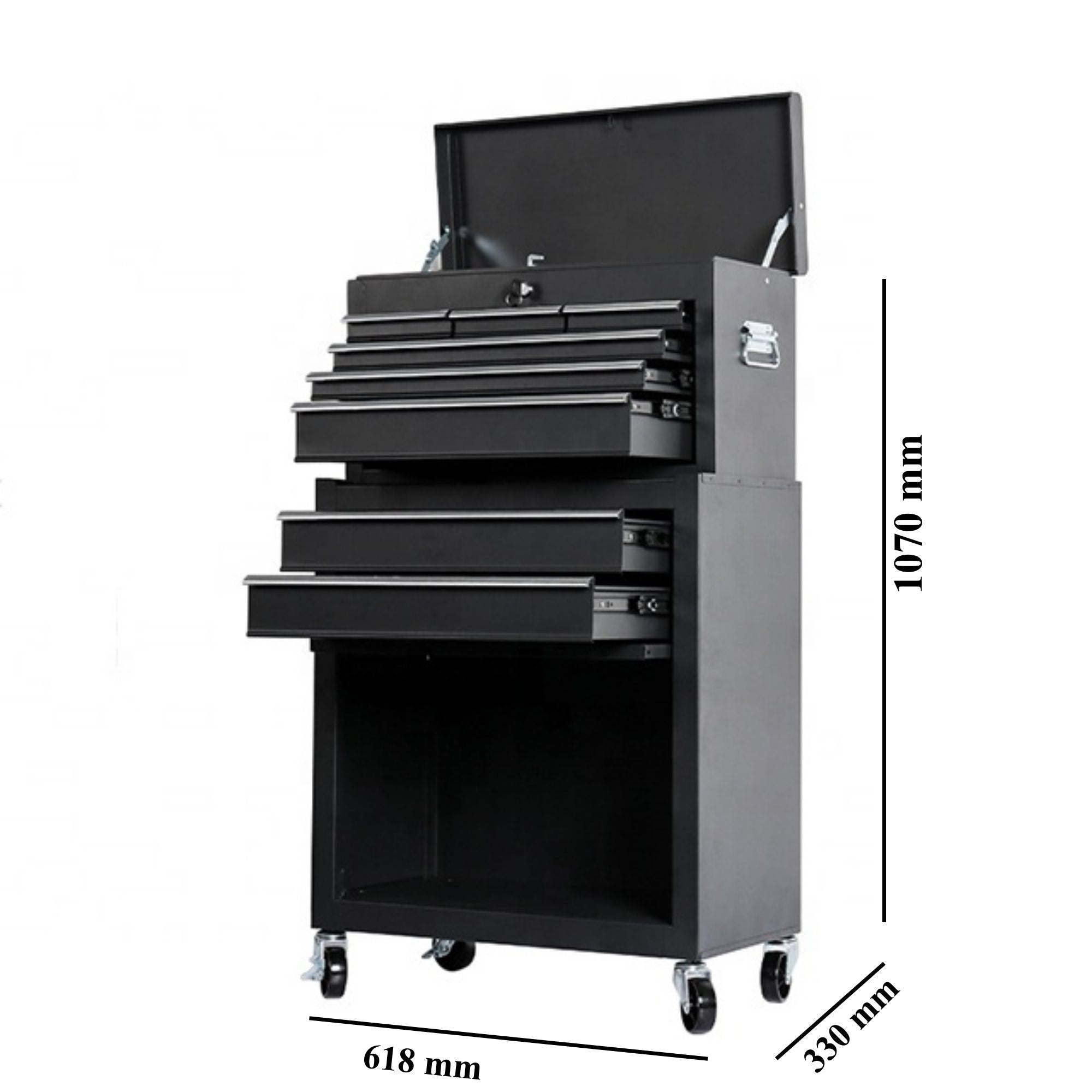 Dulap pentru scule 2 in 1, Carucior Atelier pe Roti, 8 Sertare, Cutie Detasabila, cu Incuietoare, 61.8 x 33 x 107 cm, Negru