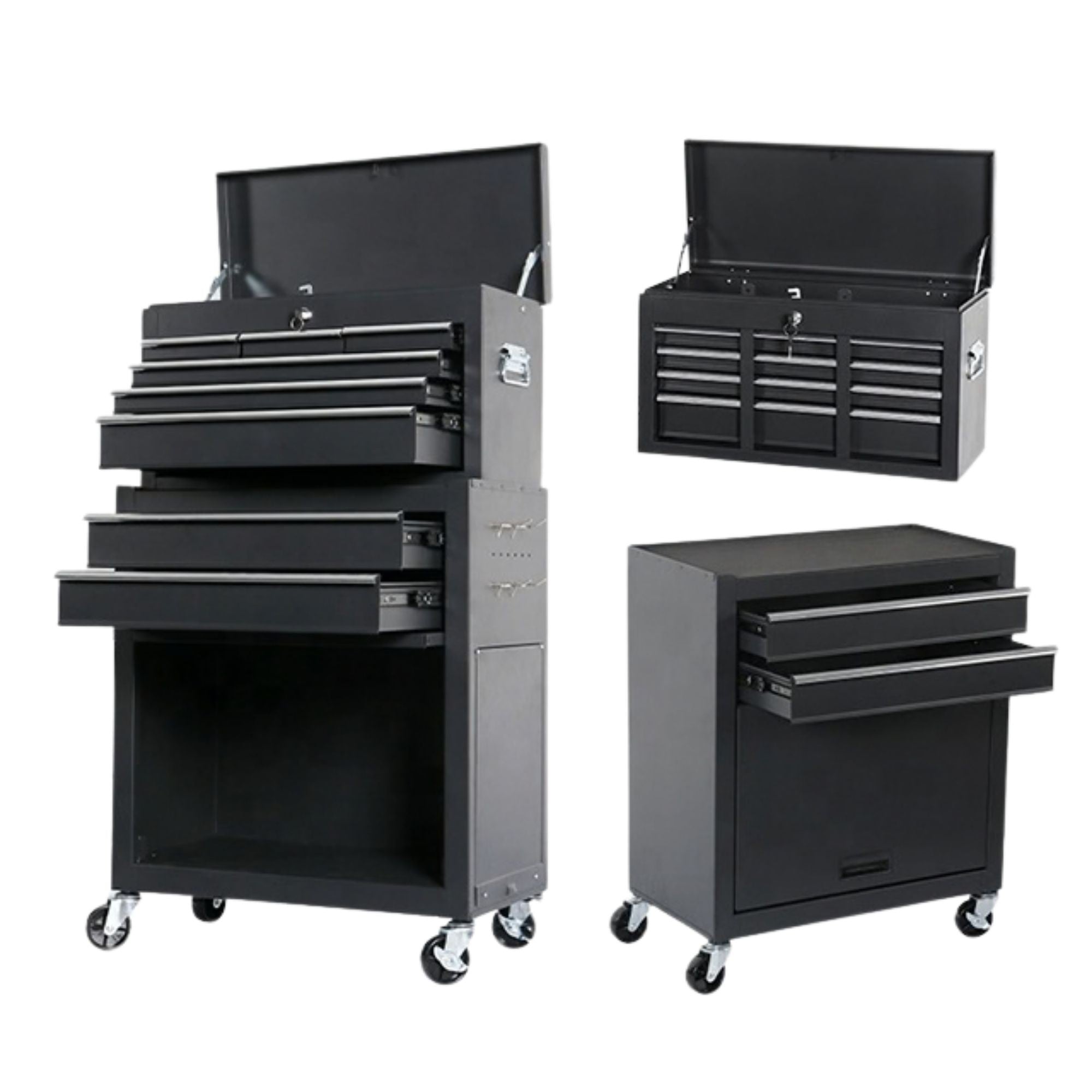 Dulap pentru scule 2 in 1, Carucior Atelier pe Roti, 8 Sertare, Cutie Detasabila, cu Incuietoare, 61.8 x 33 x 107 cm, Negru