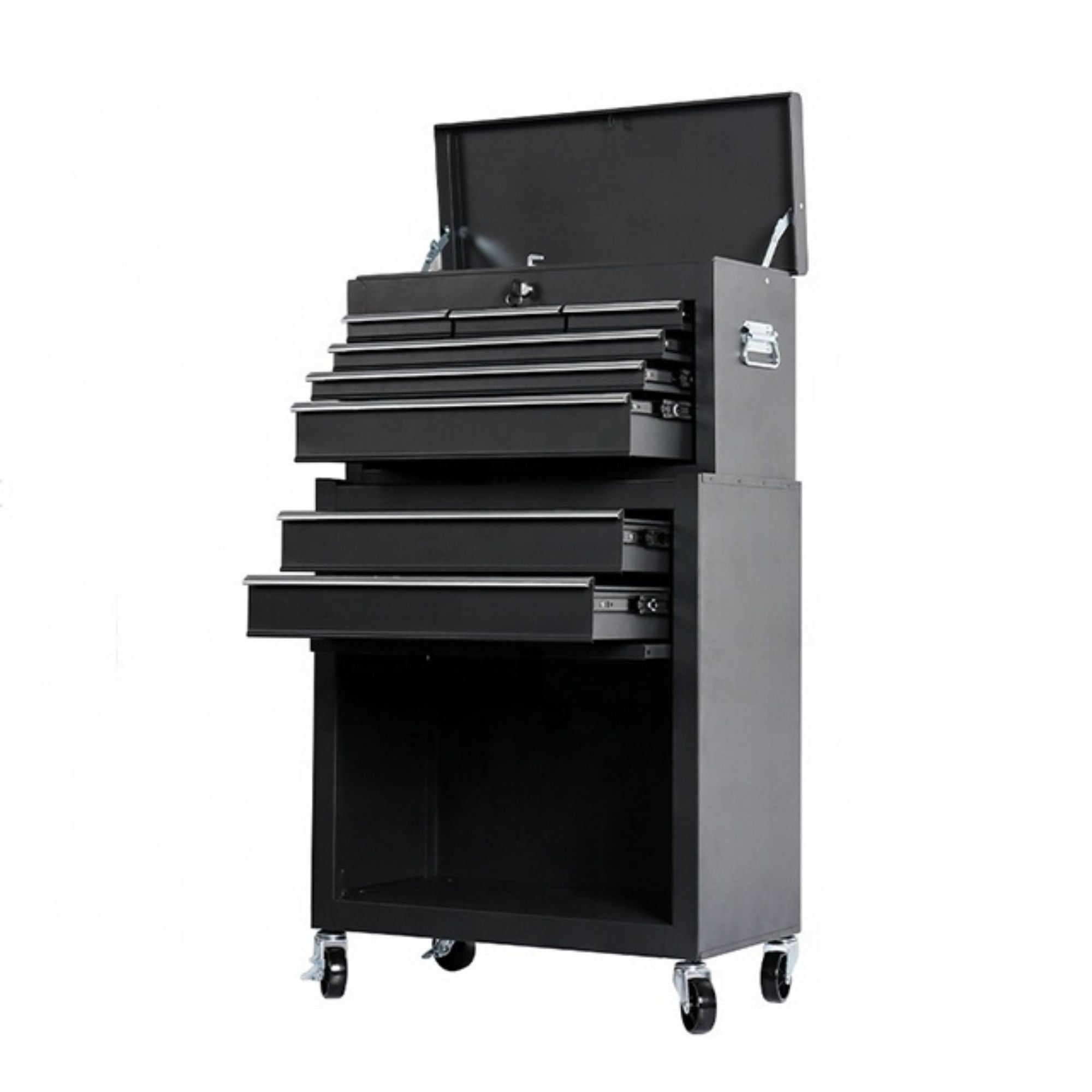 Dulap pentru scule 2 in 1, Carucior Atelier pe Roti, 8 Sertare, Cutie Detasabila, cu Incuietoare, 61.8 x 33 x 107 cm, Negru
