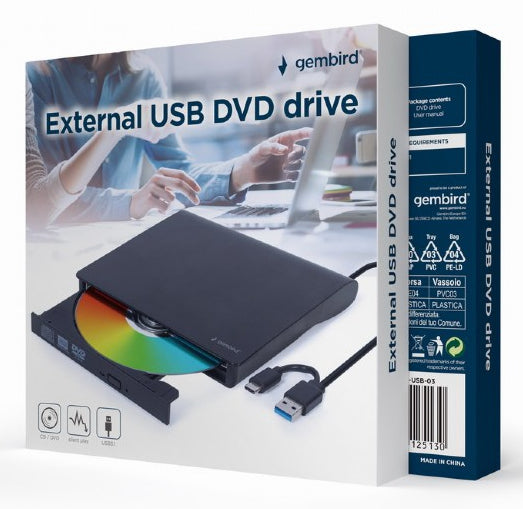 DVD-RW extern, GEMBIRD, interfata USB 2.0 + USB 3.1, negru, "DVD-USB-031"