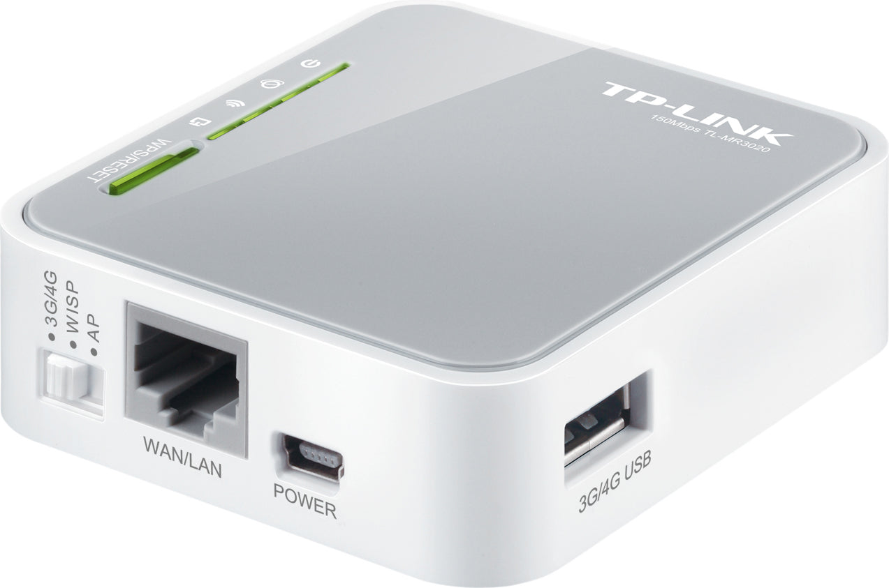 ROUTER TP-LINK wireless. portabil, 3G 150Mbps, 1 port WAN/LAN, compatibil UMTS/HSPA/EVDO, 3G USB modem, 2.4GHz, 802.11n/g/b, TL-MR3020