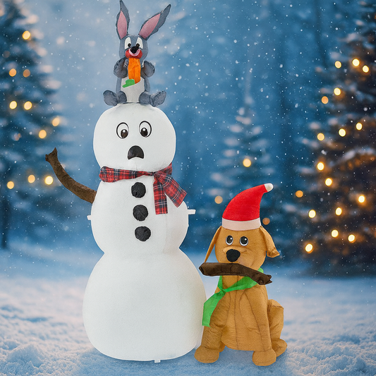 Om de zapada de exterior gonflabil, iluminare LED, cu catel si iepuras, cu compresor integrat, 180x80x60 cm, alb