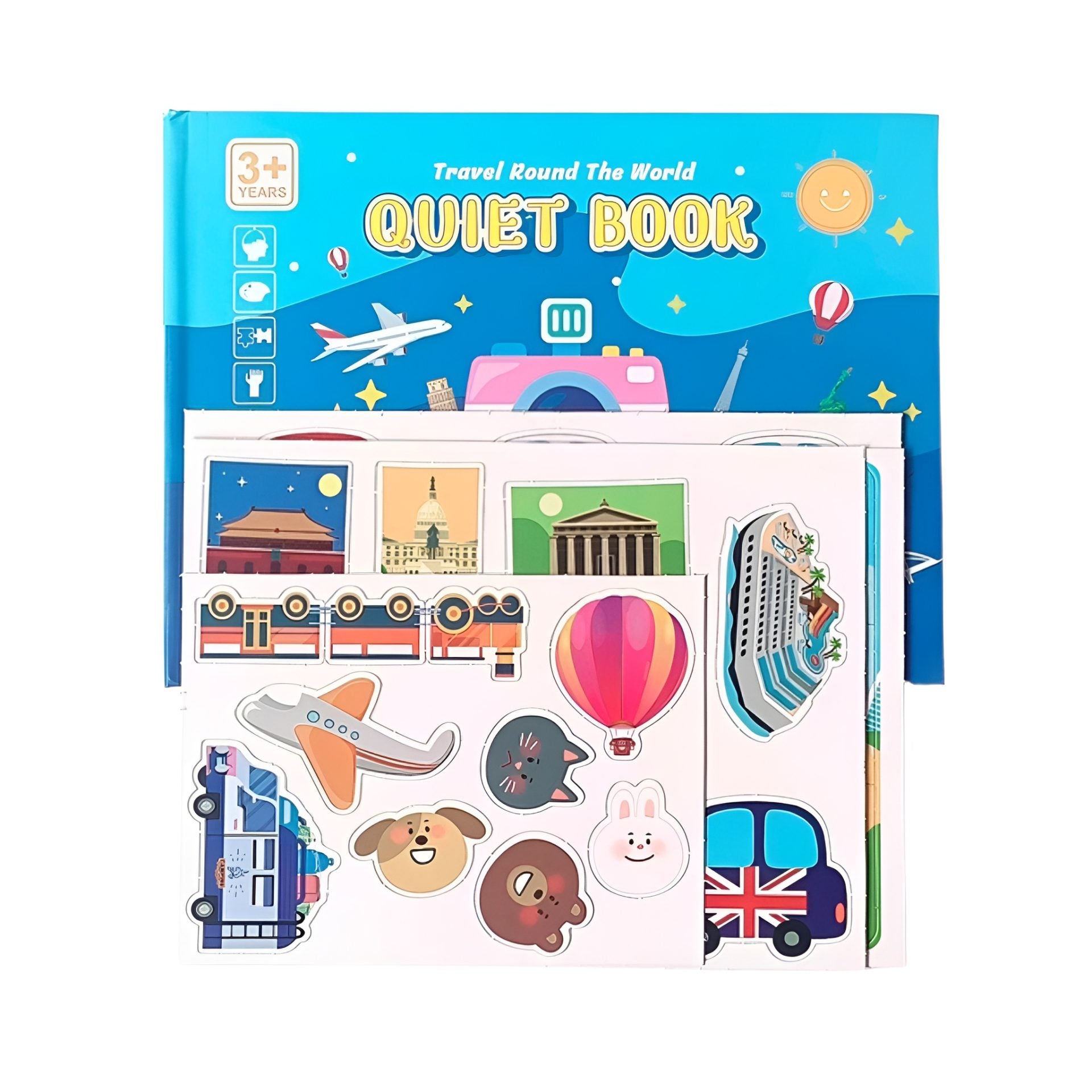 Carte Educativa cu Stickere Reutilizabile, Quiet Book Senzoriala cu Pagini Interactive, Joc Montessori, Seria ''In Jurul Lumii', Puzzle, Dezvolta Motricitatea Fina si Logica, Quiet Book pentru Invatare Timpurie, 3 ani, Multicolor