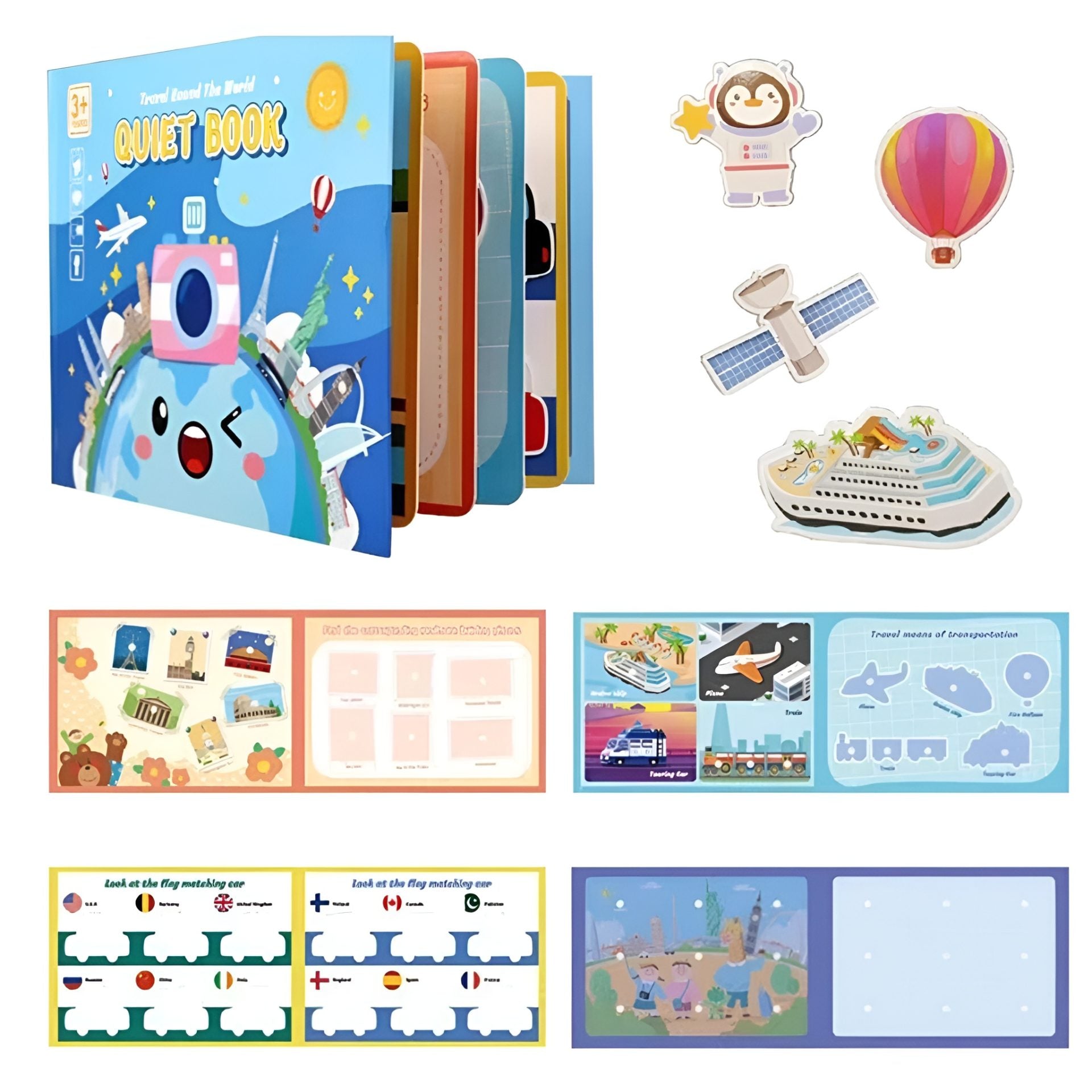Carte Educativa cu Stickere Reutilizabile, Quiet Book Senzoriala cu Pagini Interactive, Joc Montessori, Seria ''In Jurul Lumii', Puzzle, Dezvolta Motricitatea Fina si Logica, Quiet Book pentru Invatare Timpurie, 3 ani, Multicolor