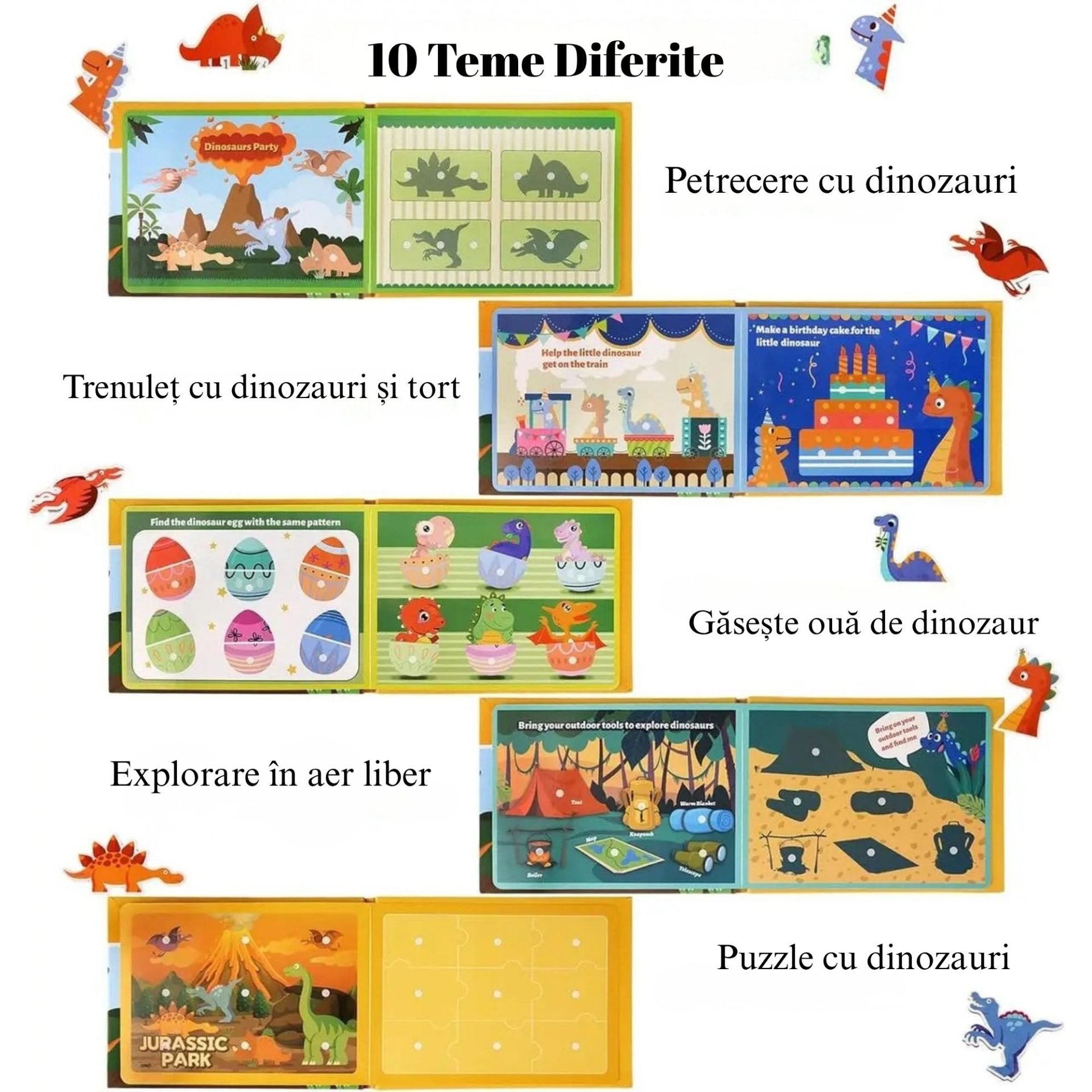 Carte Educativa cu Stickere Reutilizabile, Quiet Book Montessori, Seria Dinozaur, Pagini Interactive, 3 Ani+, Multicolor