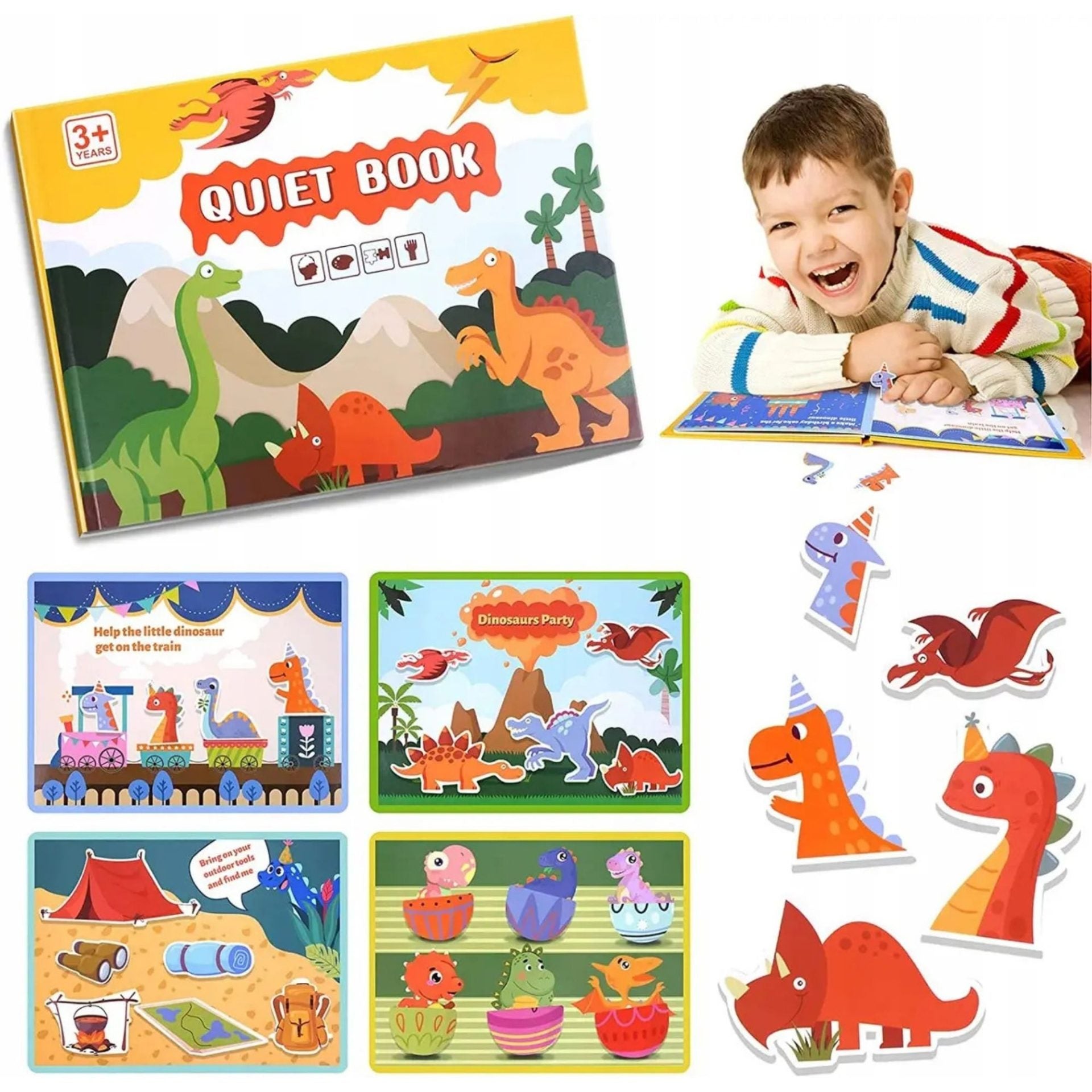 Carte Educativa cu Stickere Reutilizabile, Quiet Book Montessori, Seria Dinozaur, Pagini Interactive, 3 Ani+, Multicolor