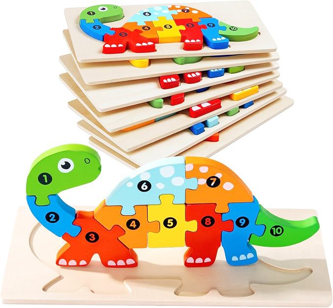 Puzzle din Lemn 3D Montessori, Jucarie Educativa pentru Copii, 0-3 Ani, Vopsea Ecologica, Dezvolta Motricitatea Fina, Coordonarea, Logica, 11 Piese, Model Brachiosaurus, Multicolor
