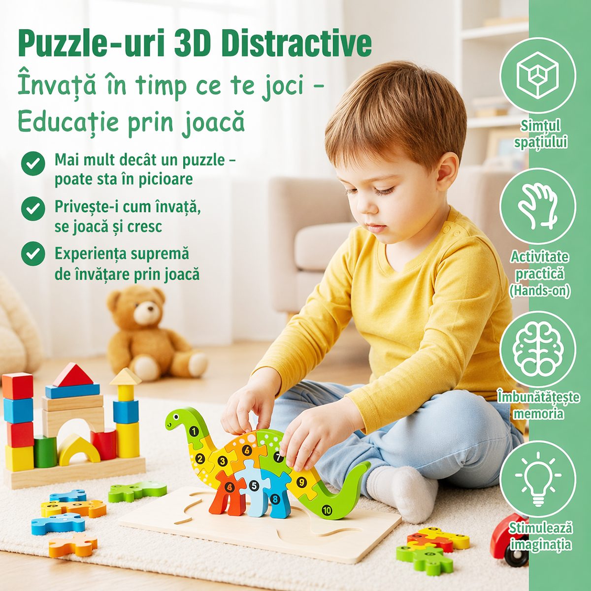 Puzzle din Lemn 3D Montessori, Jucarie Educativa pentru Copii, 0-3 Ani, Vopsea Ecologica, Dezvolta Motricitatea Fina, Coordonarea, Logica, 11 Piese, Model Brachiosaurus, Multicolor