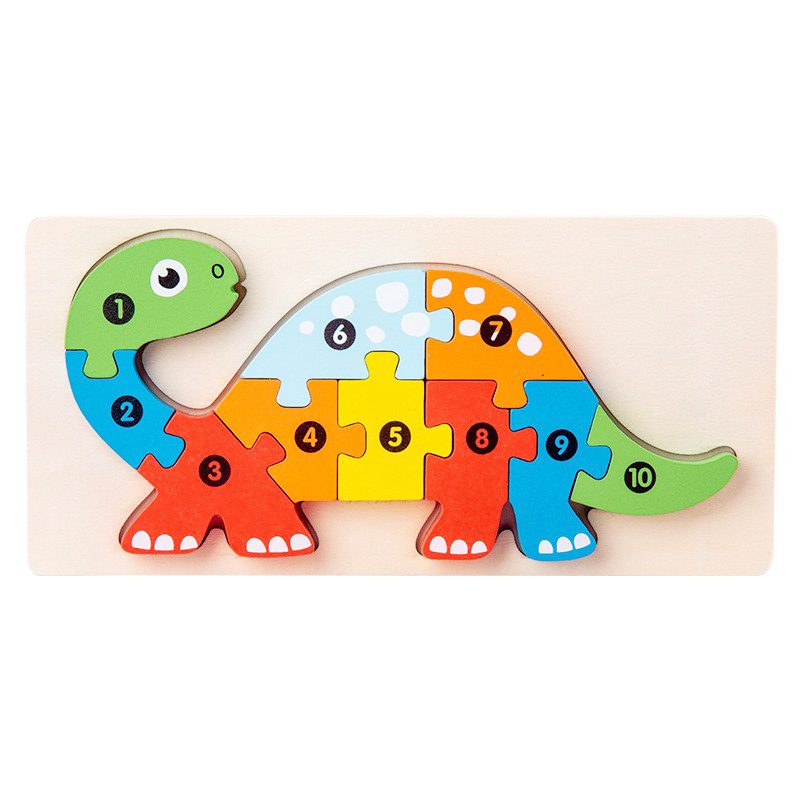 Puzzle din Lemn 3D Montessori, Jucarie Educativa pentru Copii, 0-3 Ani, Vopsea Ecologica, Dezvolta Motricitatea Fina, Coordonarea, Logica, 11 Piese, Model Brachiosaurus, Multicolor