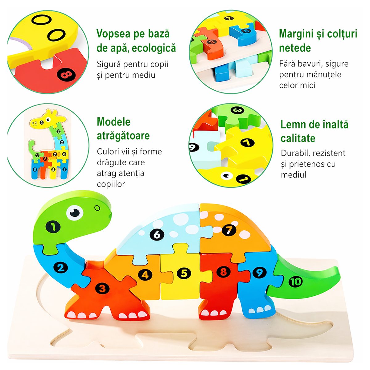 Puzzle din Lemn 3D Montessori, Jucarie Educativa pentru Copii, 0-3 Ani, Vopsea Ecologica, Dezvolta Motricitatea Fina, Coordonarea, Logica, 11 Piese, Model Brachiosaurus, Multicolor