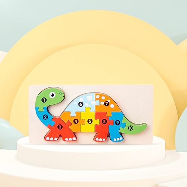 Puzzle din Lemn 3D Montessori, Jucarie Educativa pentru Copii, 0-3 Ani, Vopsea Ecologica, Dezvolta Motricitatea Fina, Coordonarea, Logica, 11 Piese, Model Brachiosaurus, Multicolor