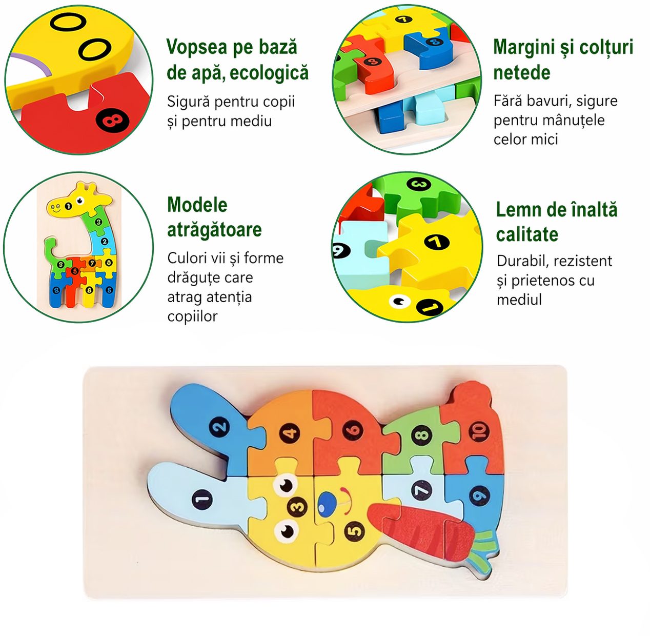 Puzzle din Lemn 3D Montessori, Jucarie Educativa pentru Copii, 0-3 Ani, Vopsea Ecologica, Dezvolta Motricitatea Fina, Coordonarea, Logica, 11 Piese, Model Iepure, Multicolor