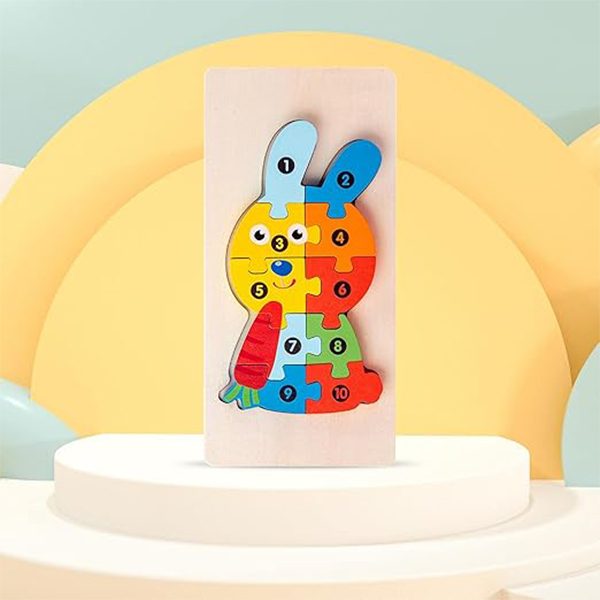 Puzzle din Lemn 3D Montessori, Jucarie Educativa pentru Copii, 0-3 Ani, Vopsea Ecologica, Dezvolta Motricitatea Fina, Coordonarea, Logica, 11 Piese, Model Iepure, Multicolor